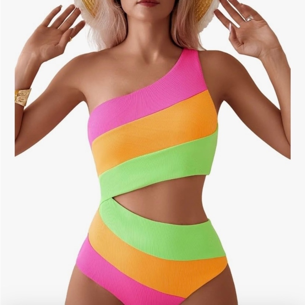 TASHEHE Women's One Shoulder One Piece Swimsuit Sexy Neon Color Block A18
